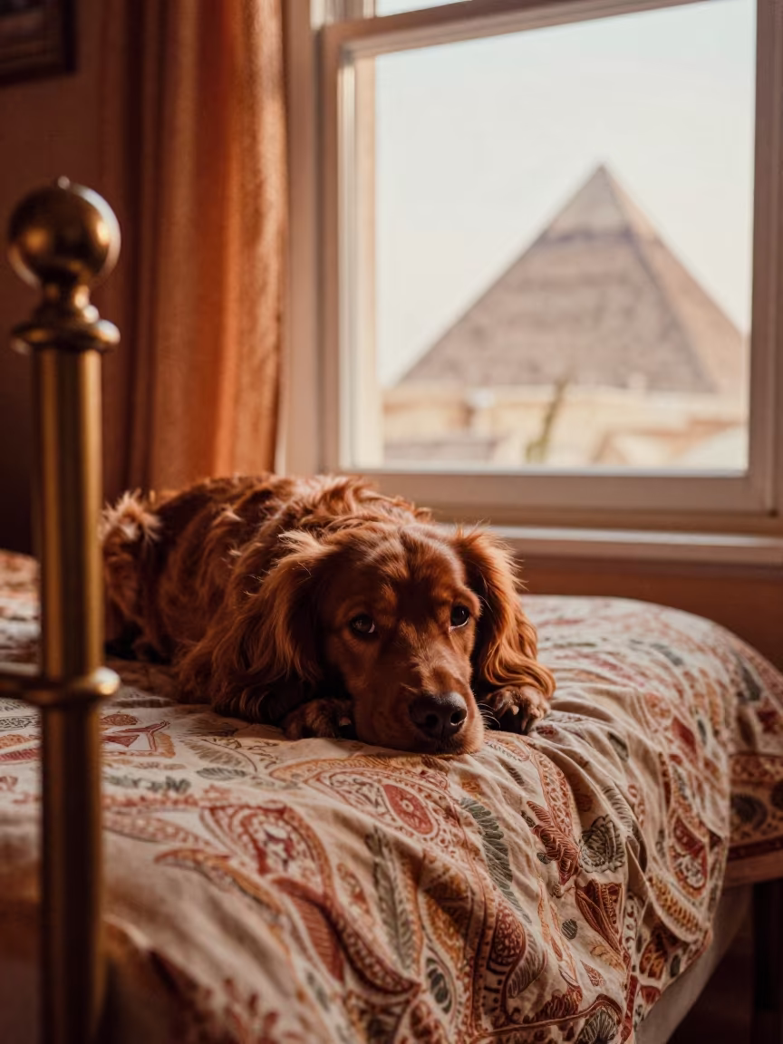 French Spaniel Resting on Bedspread in Cairo in on a bedspread near a bright window with calm indoor light near Giza