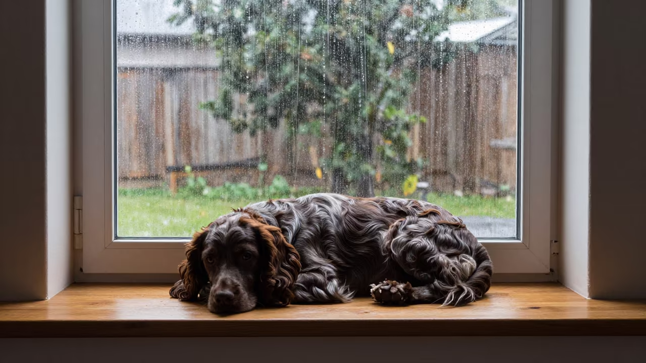 French Spaniel Resting on Window Seat in on a window seat in a quiet apartment with soft side light near Bangui