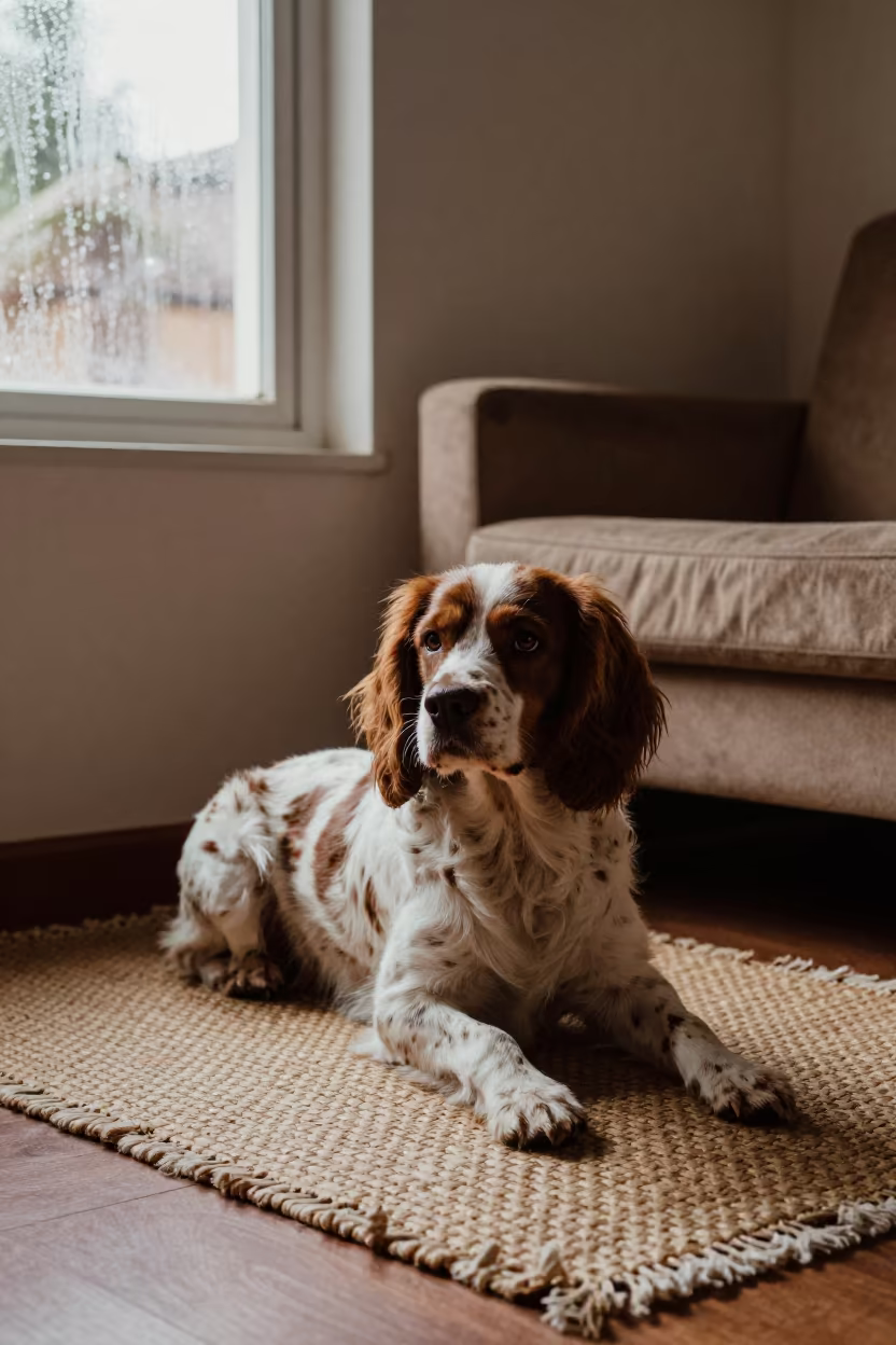 French Spaniel Resting on Woven Rug in Yaounde in on a woven rug beside a low couch and an uncluttered wall in Yaounde