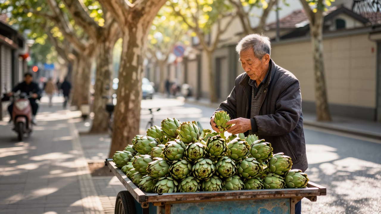 Fresh Artichokes in Shanghai at The Early Afternoon Light in in Shanghai, China