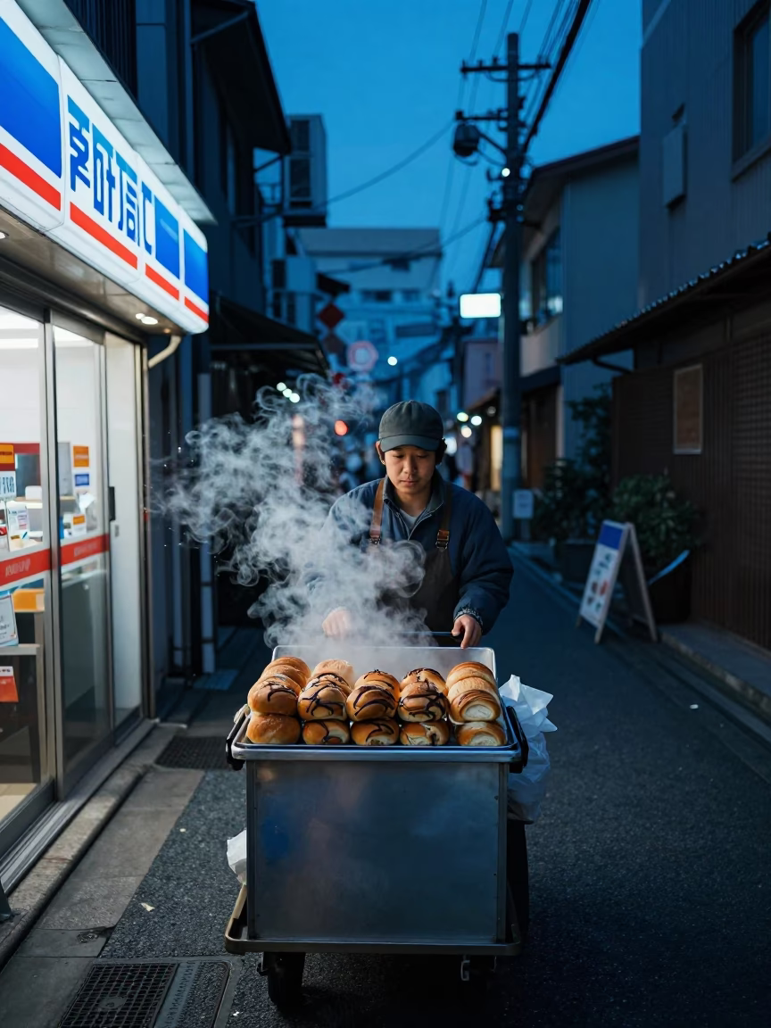 Fresh Bread at The Predawn Darkness Light in Osaka in in Osaka, Japan