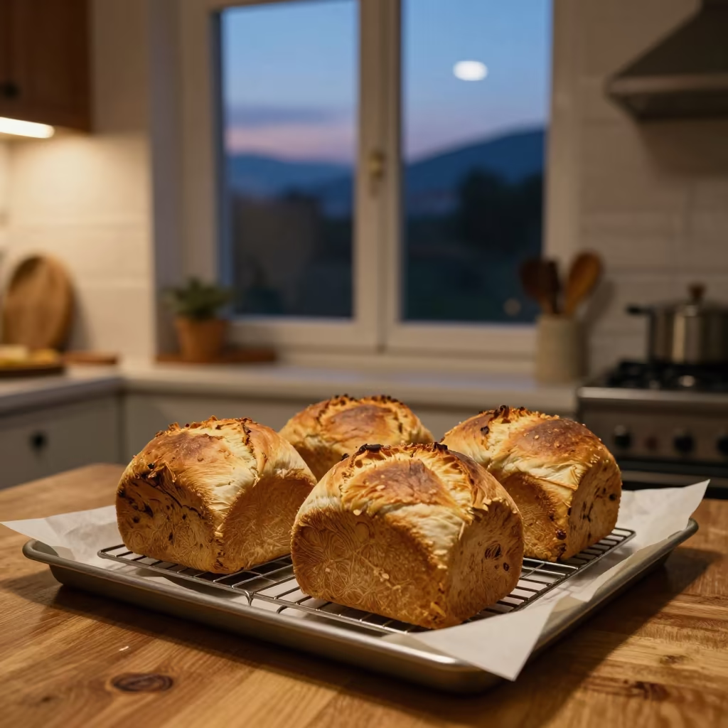 Fresh Bread Cooling on Parchment in Izmir Kitchen in on a parchment-lined pastry tray in Izmir