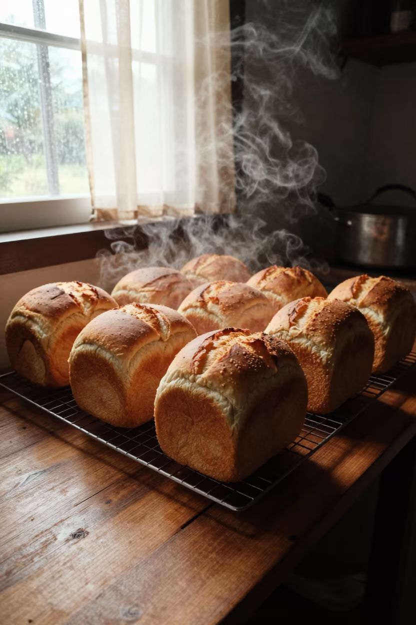 Fresh Bread Cooling on Rack in N'Djamena Kitchen in on a bakery cooling rack in N'Djamena