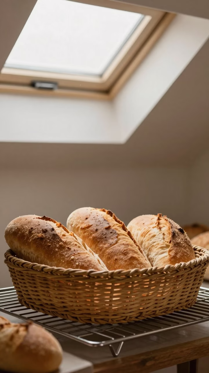 Fresh Bread in Woven Basket on Cooling Rack in on a bakery cooling rack in Zinder