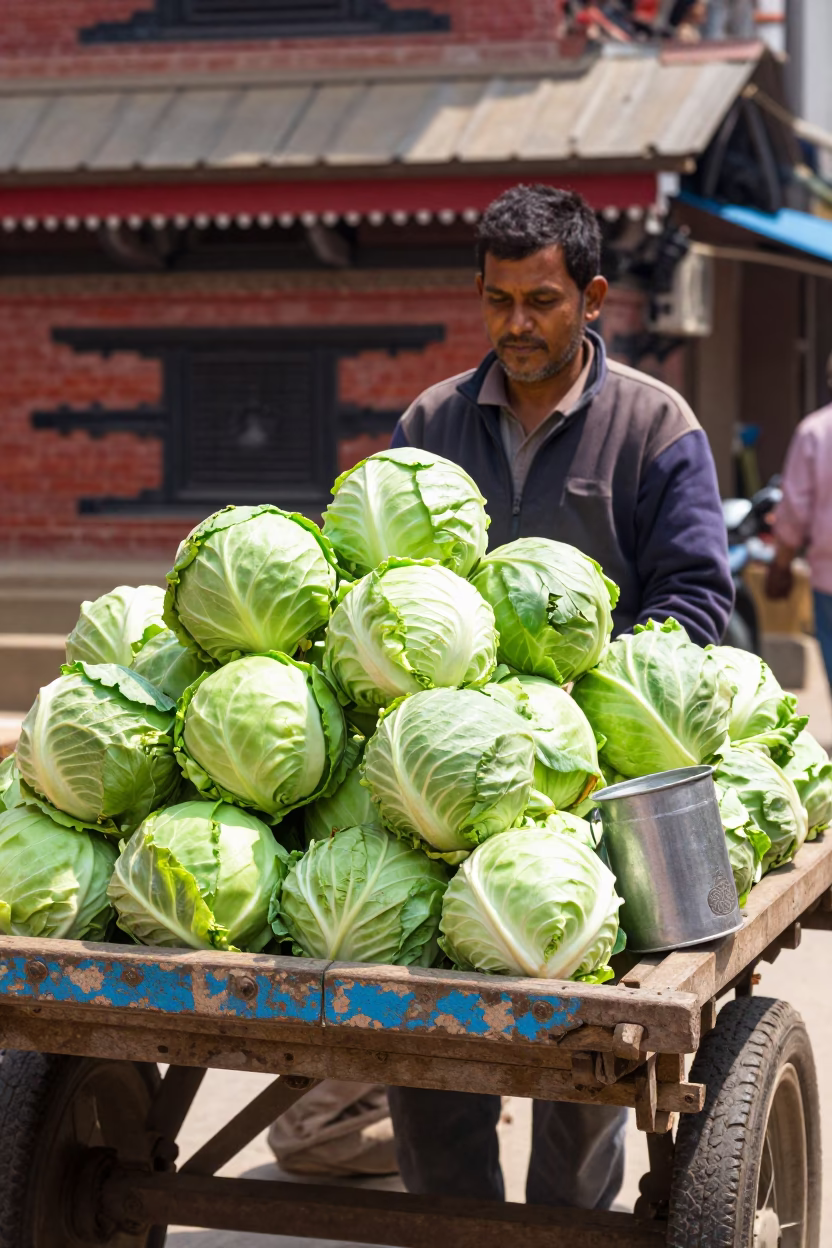 Fresh Cabbages in Kathmandu at Bright Midmorning Light in in Kathmandu, Nepal