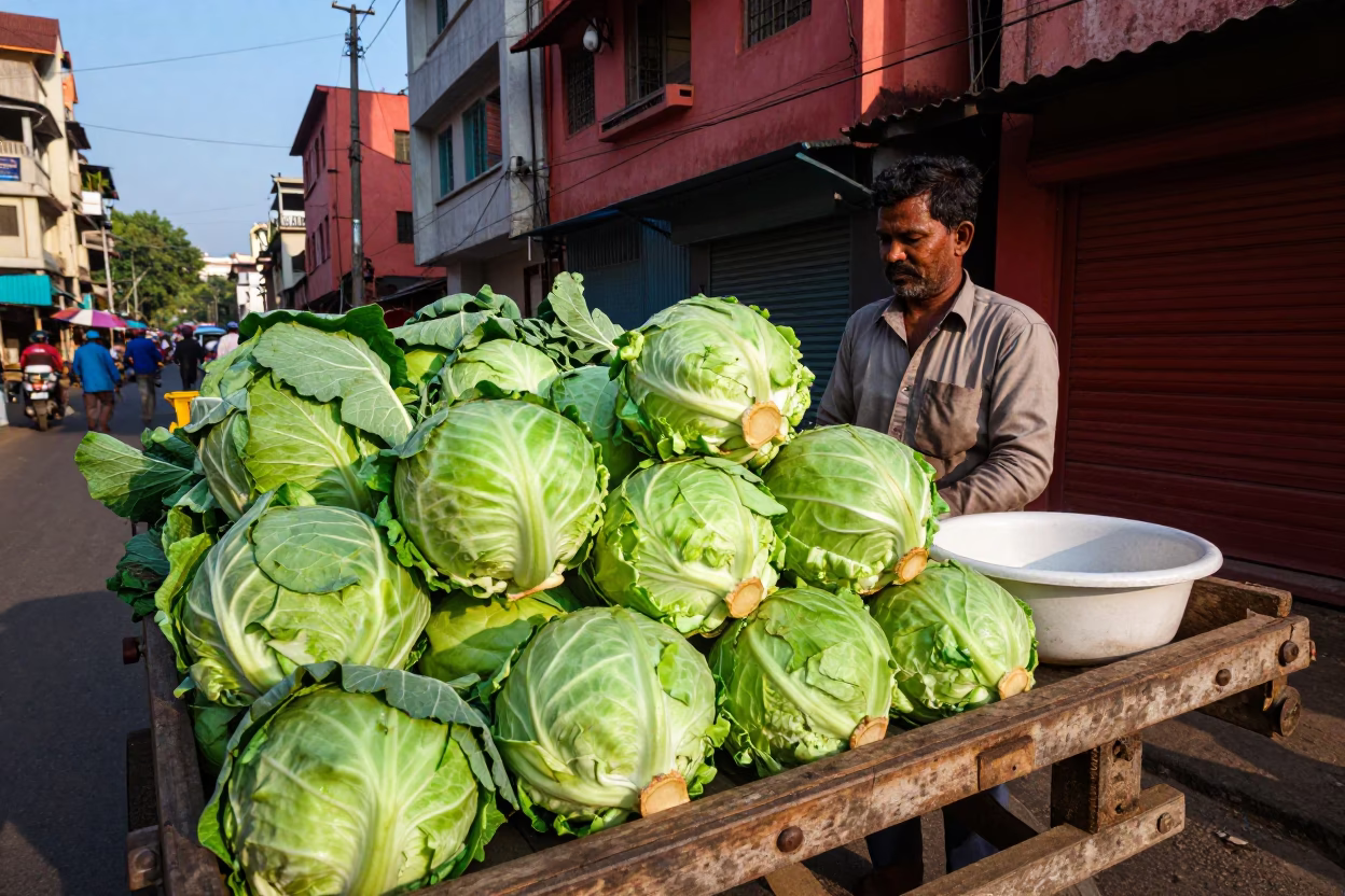 Fresh Cabbages in Mumbai at Clear Late-afternoon Light in in Mumbai, India