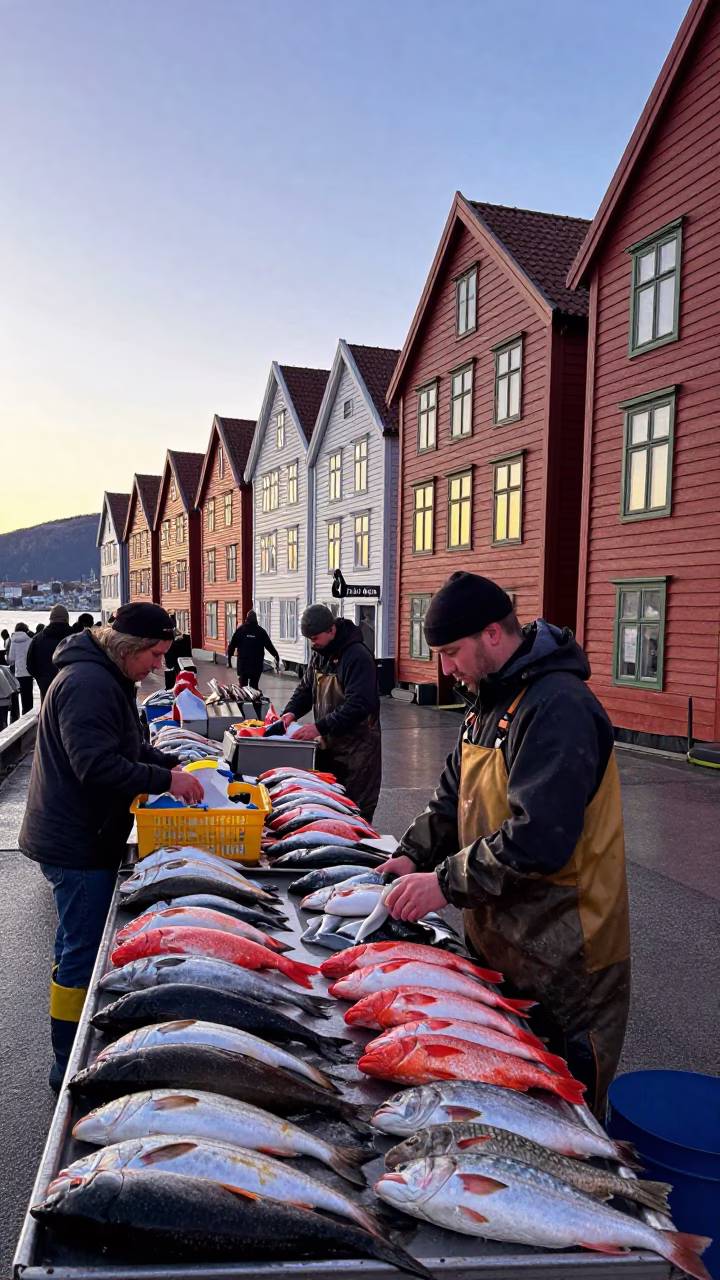 Fresh Catch in Bergen at First Light Of Dawn in in Bergen, Norway