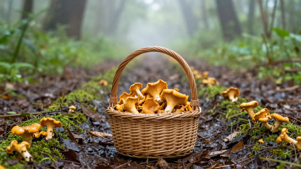 Fresh Chanterelle Harvest Basket in Forest in along freshly irrigated rows near Ilorin
