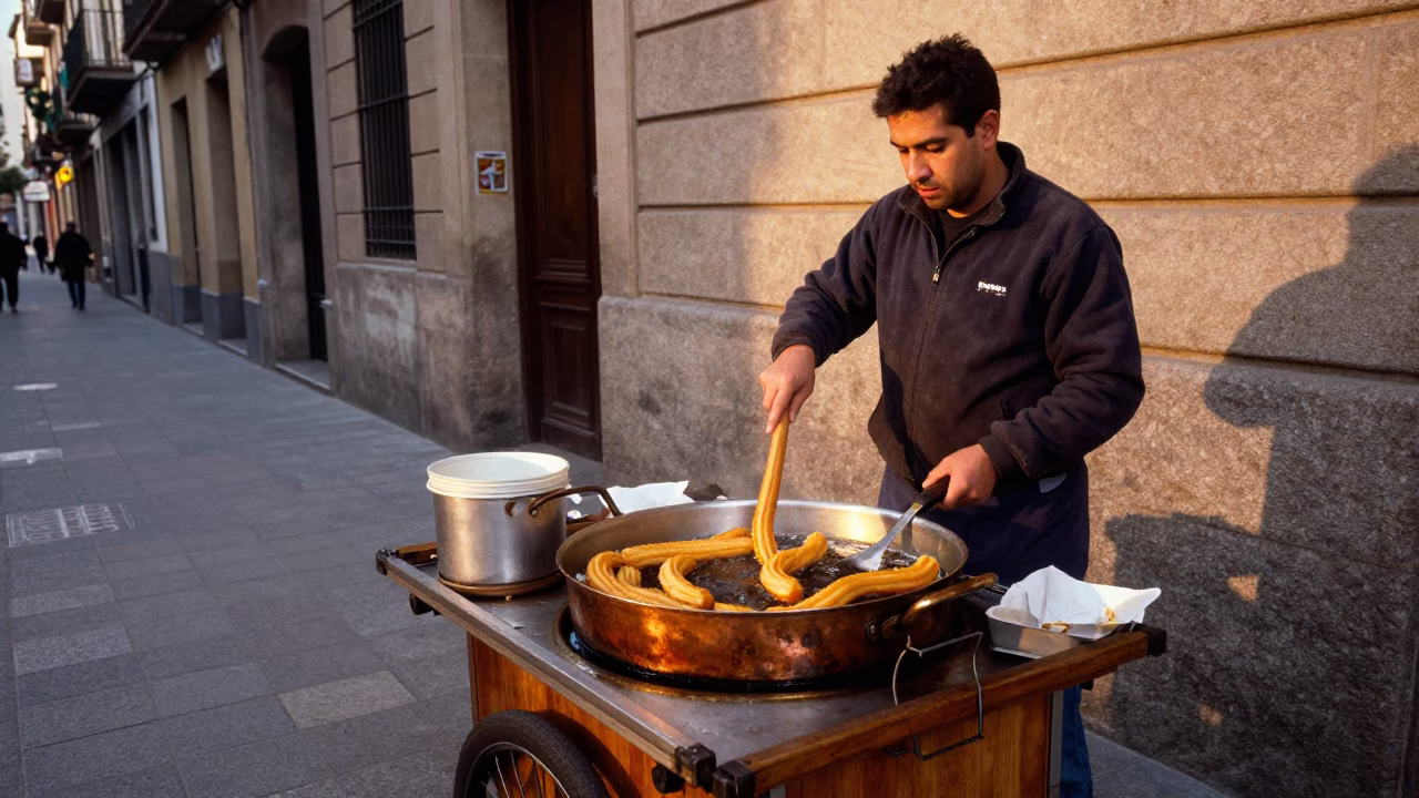 Fresh Churros in Barcelona at First Light Of Dawn in in Barcelona, Spain