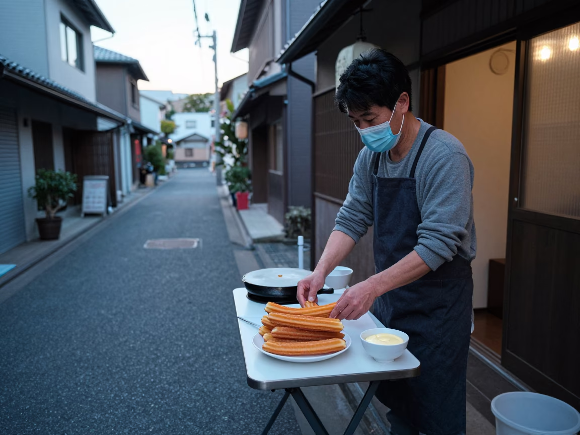 Fresh Churros in Fukuoka at Sunrise Light in in Fukuoka, Japan