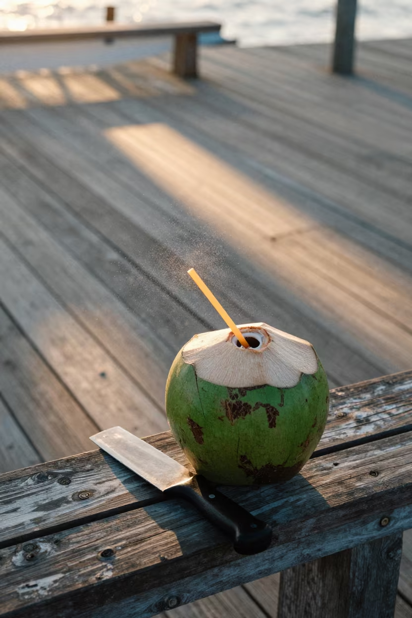 Fresh Coconut Opened on Monrovia Pier Railing in on a pier railing in Monrovia