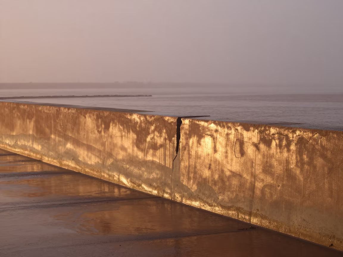 Fresh Concrete Patch on Levee Retaining Wall in along a levee path above floodwater in Berrechid