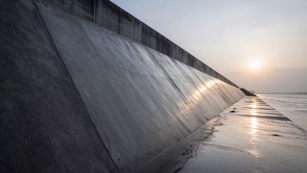 Fresh Concrete Patch on Levee Tunnel Portal Taiwan in along a levee path above floodwater in Taiwan