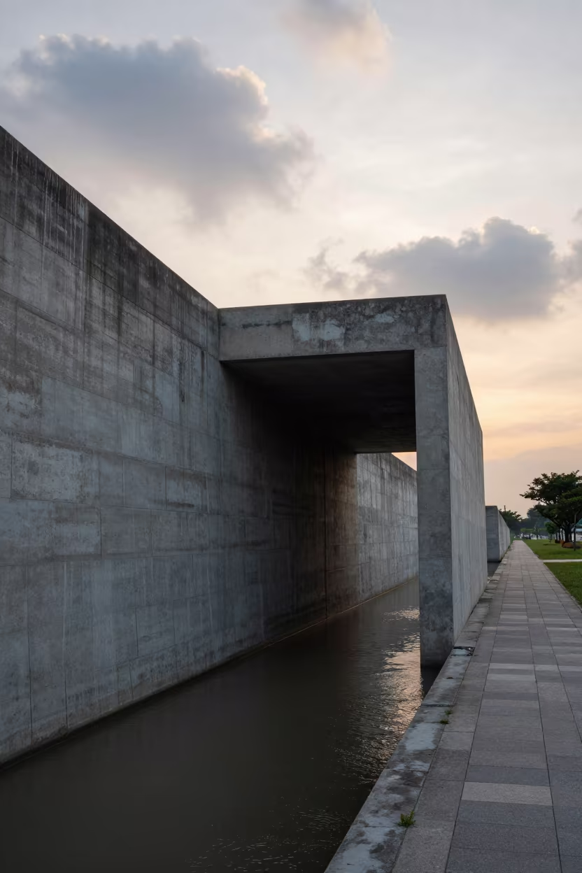 Fresh Concrete Patch on Singapore Levee Tunnel Wall in along a levee path above floodwater in Singapore
