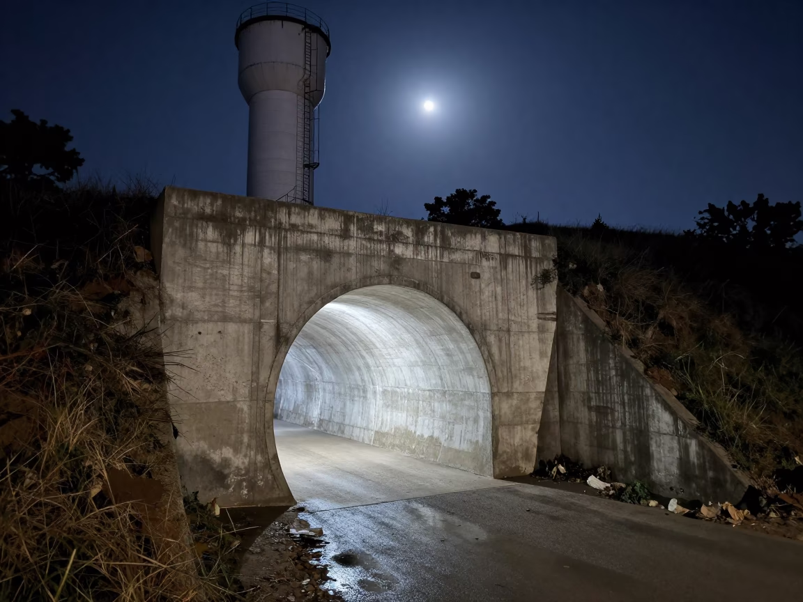 Fresh Concrete Patch on Tunnel Wall Under Moonlight in beside a water tower ladder near Sangalkam