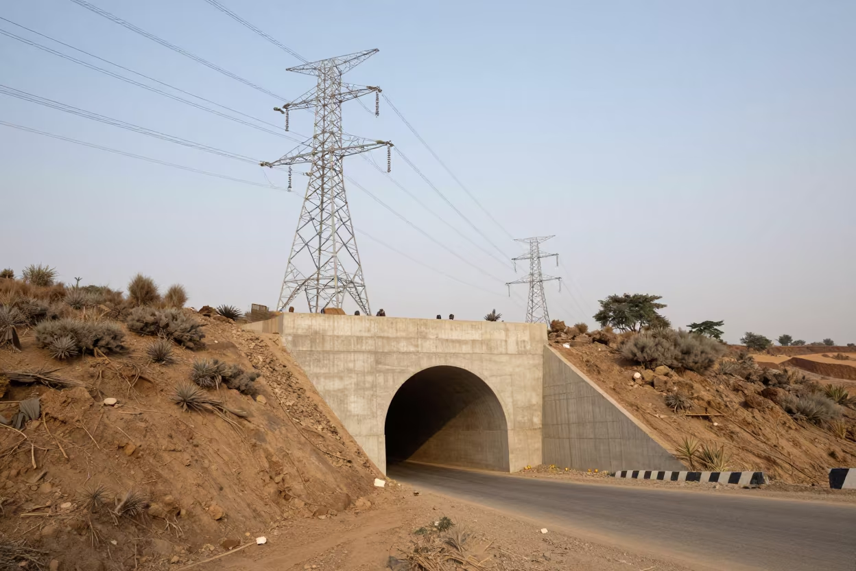 Fresh Concrete Tunnel Portal Ethiopia Morning in beneath transmission towers in Ethiopia