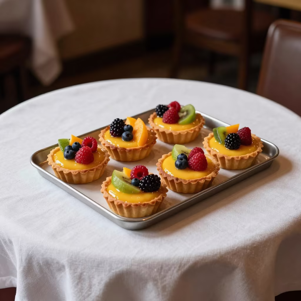 Fresh Custard Fruit Tarts on Linen Table Mumbai in on a linen-covered restaurant table in Mumbai