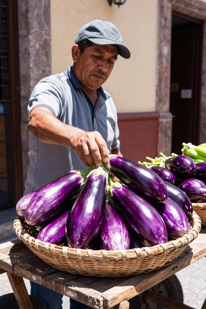 Fresh Eggplants And Woven Basket in Guadalajara in in Guadalajara, Mexico