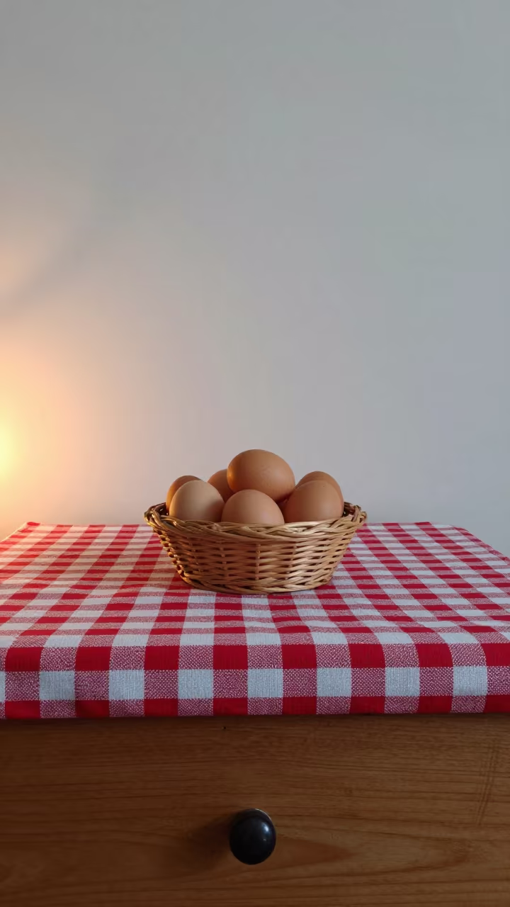 Fresh Eggs on Checkered Cloth Košice Dresser in on a hotel dresser in Košice