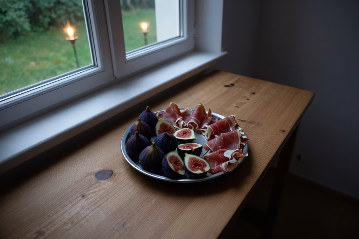 Fresh Figs and Prosciutto on Wooden Workbench in on a wooden workbench in Koszalin