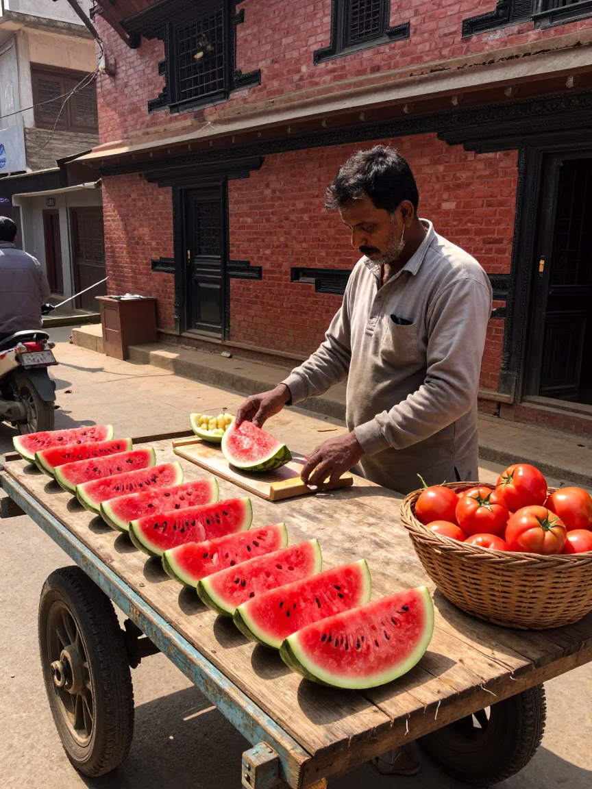 Fresh Fruit in Kathmandu at Bright Midmorning Light in in Kathmandu, Nepal