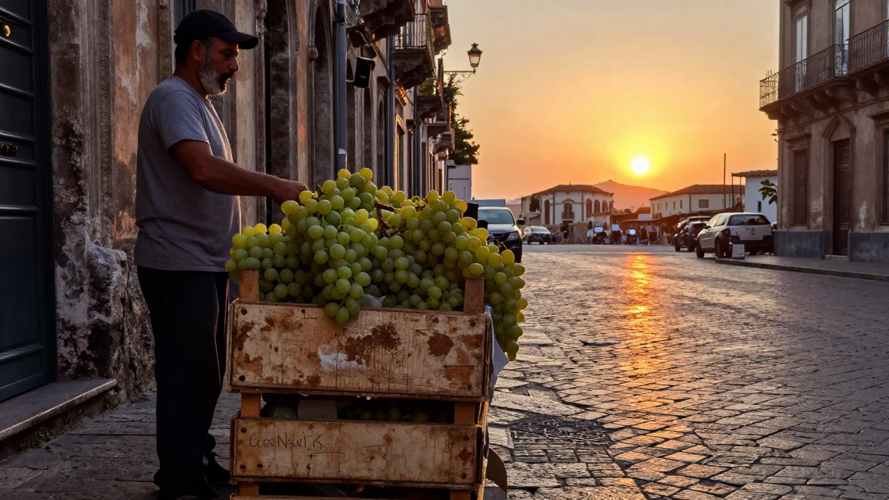 Fresh Grapes at As The Sun Drops Toward The Horizon in Palermo in in Palermo, Italy