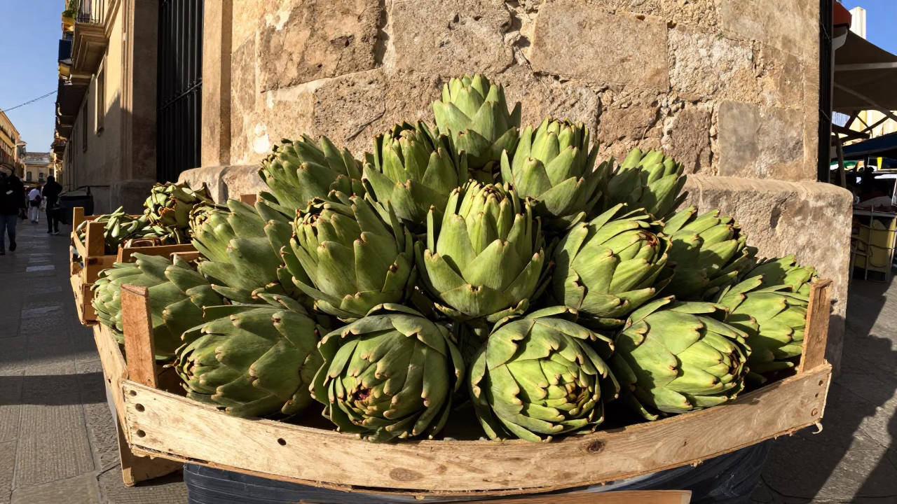 Fresh Green Artichokes Late Morning Light in Valencia in in Valencia, Spain