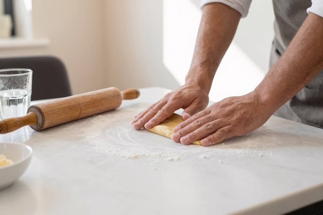 Fresh Hand Rolled Pasta on Marble Table in on a marble cafe table in Vera, Tbilisi