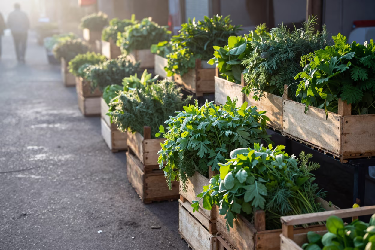 Fresh Herb Bunches at Manisa Market Sunrise in along a market lane in Manisa