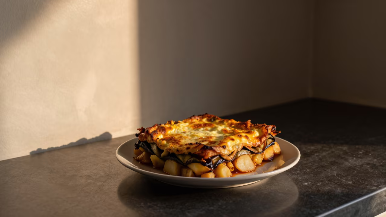 Fresh Moussaka on Jalingo Kitchen Counter at Dawn in on a kitchen worktop in Jalingo