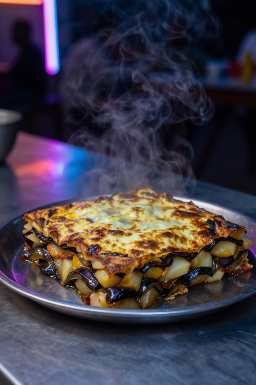 Fresh Moussaka on Soroti Tea House Tray in on a tea house tray in Soroti
