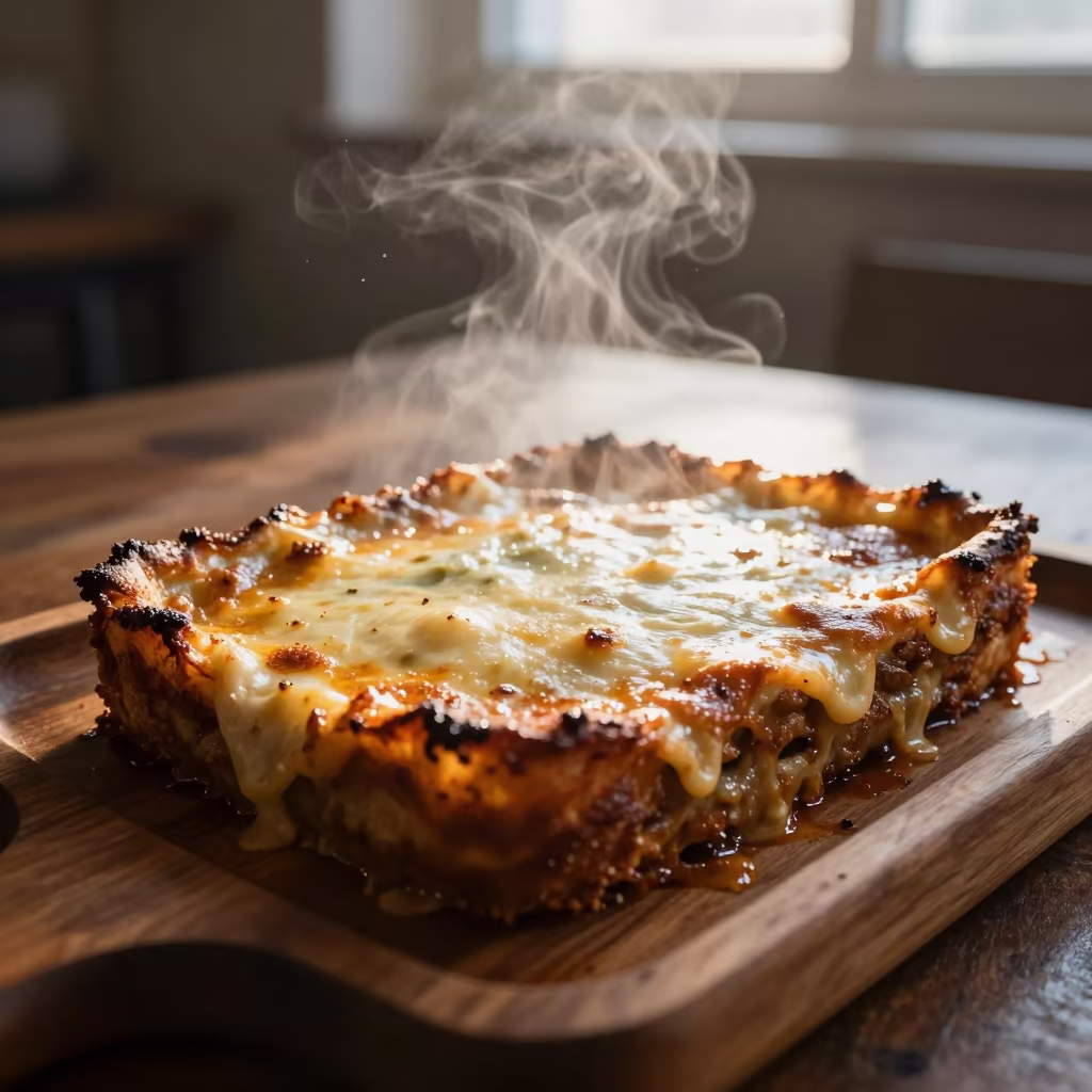 Fresh Moussaka on Tea House Tray in Dawn Light in on a tea house tray in Manchester