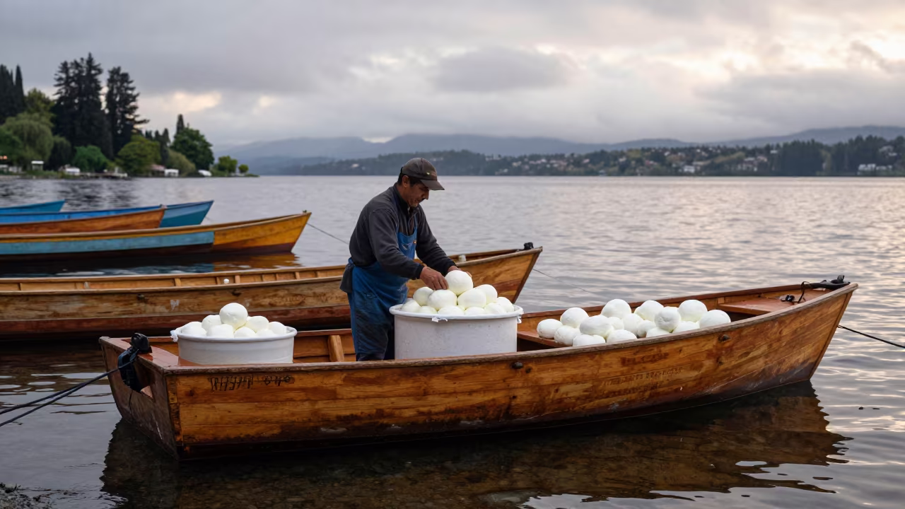 Fresh Mozzarella Vendor at Bariloche Floating Market in at a floating market boat in Bariloche