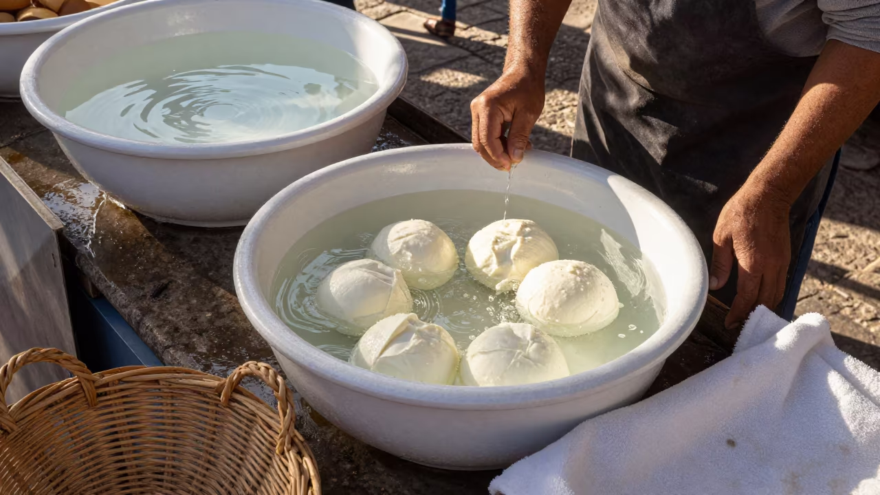 Fresh Mozzarella Vendor Under Cordoba Market Canopy in under a market canopy in Cordoba Argentina
