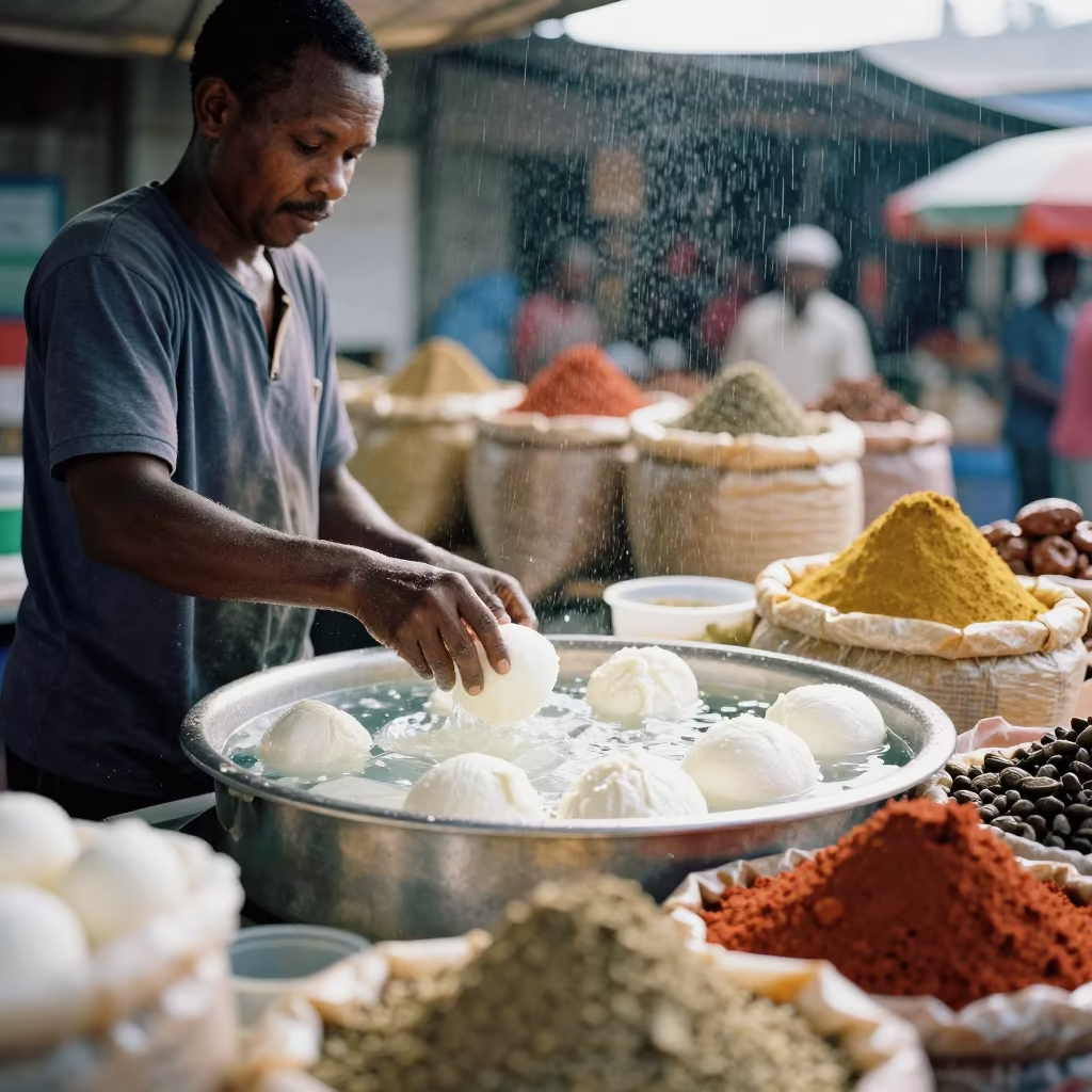 Fresh Mozzarella Vendor in Douala Market Rain in at a spice vendor's table in Douala