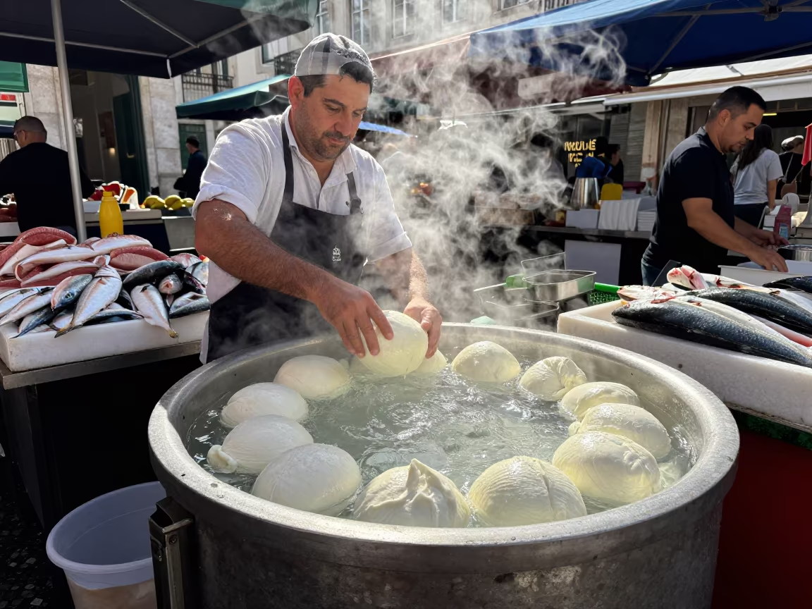 Fresh Mozzarella Vendor in Lisbon Market in beside a fish counter in Lisbon