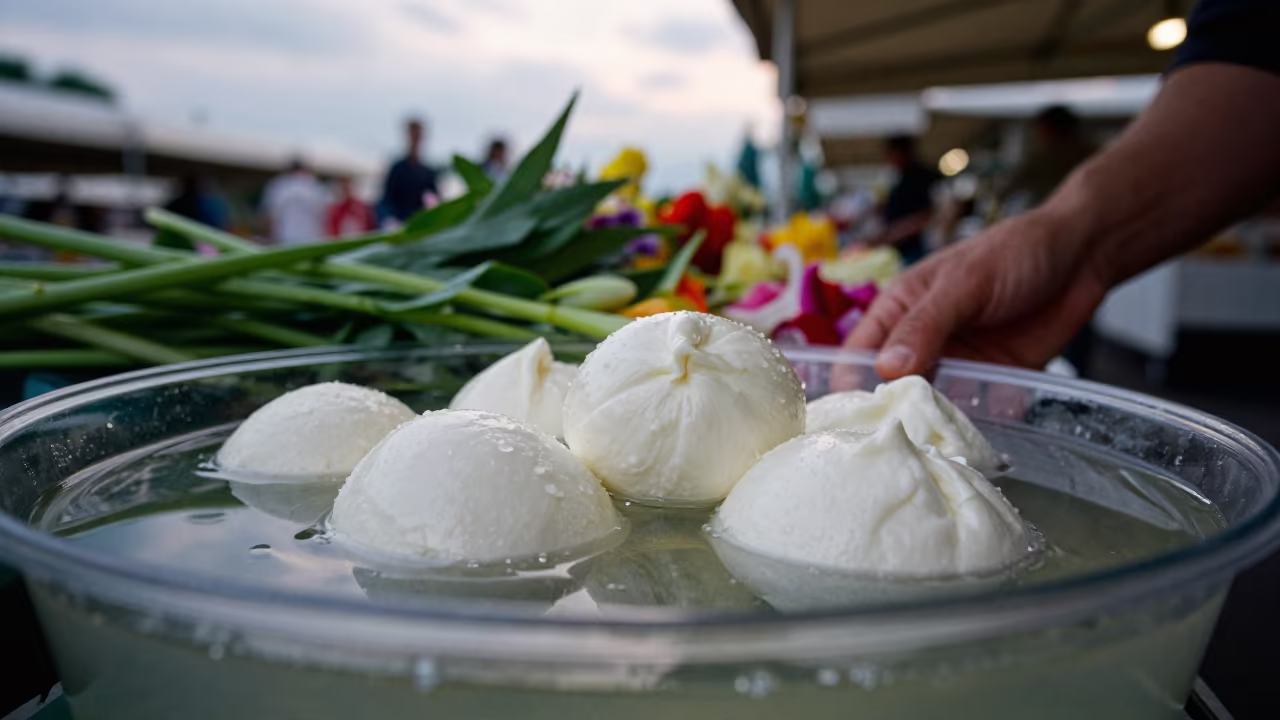 Fresh Mozzarella Vendor at Trento Flower Market in at a flower auction bench in Trento