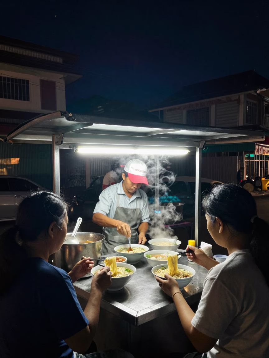 Fresh Noodles in Phnom Penh at The Deepest Night Sky Light in in Phnom Penh, Cambodia