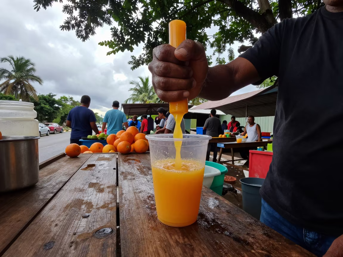 Fresh Orange Juice Squeezed at Lae Roadside Stand in at a roadside fruit stand in Lae