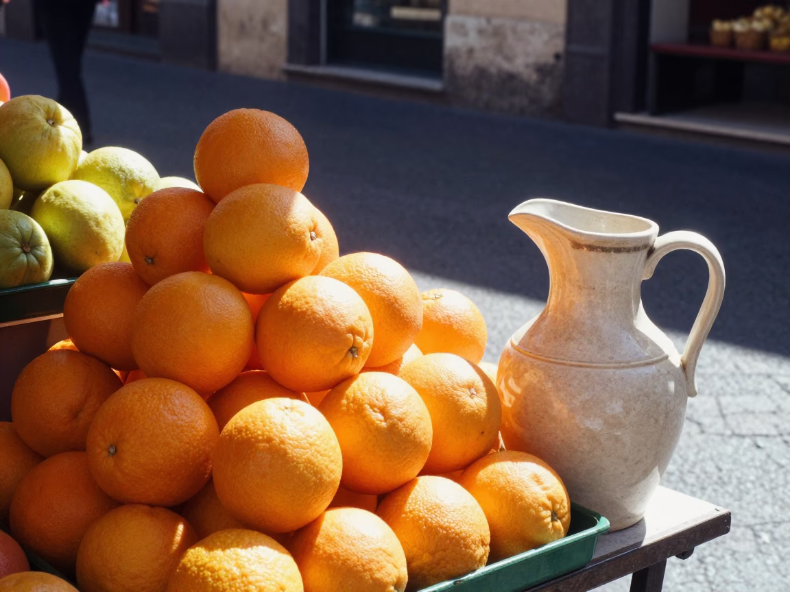 Fresh Oranges And Ceramic Pitchers at Bright Midmorning Light in Naples in in Naples, Italy