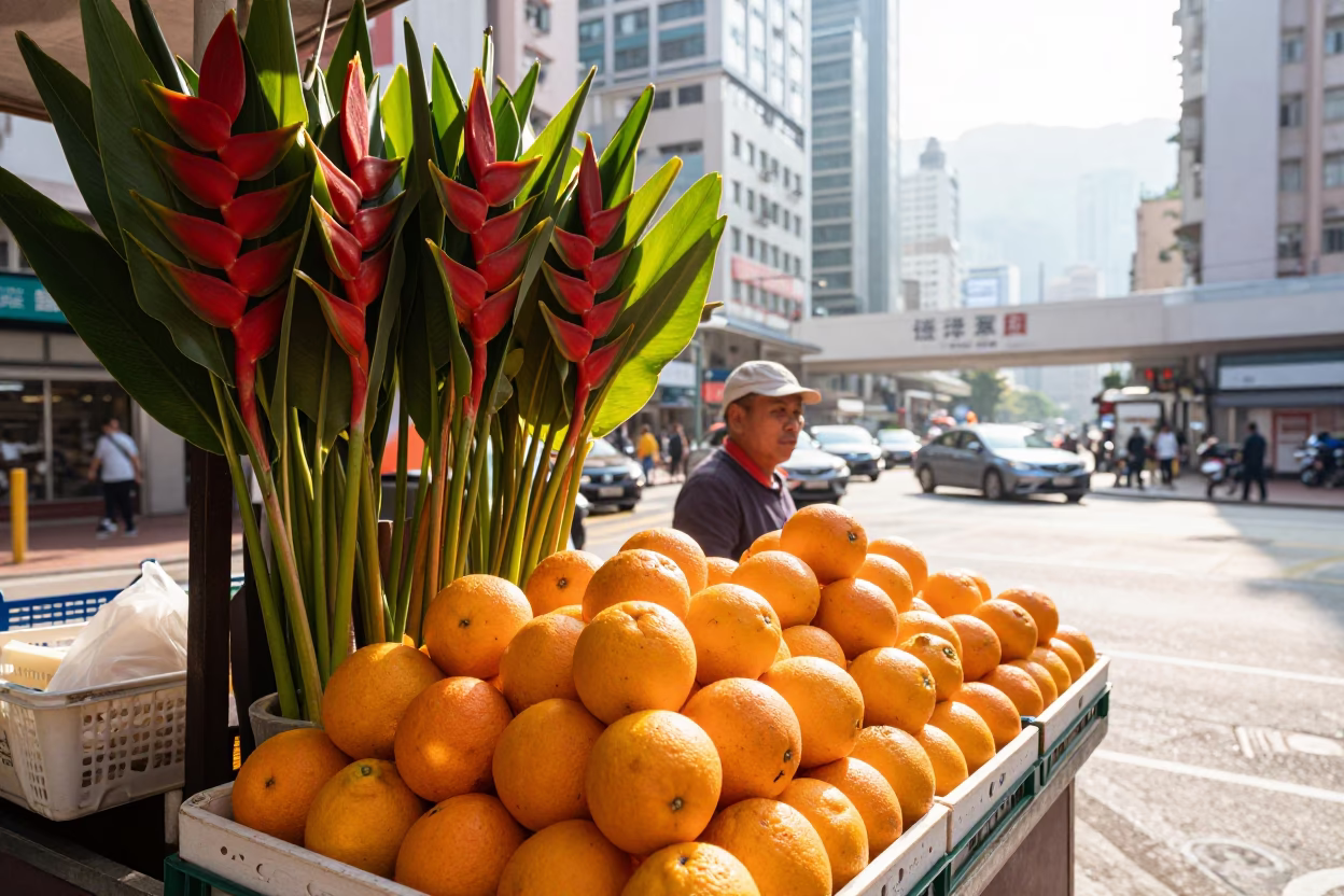 Fresh Oranges And Tropical Heliconia Flowers in Hong Kong in in Hong Kong, Hong Kong