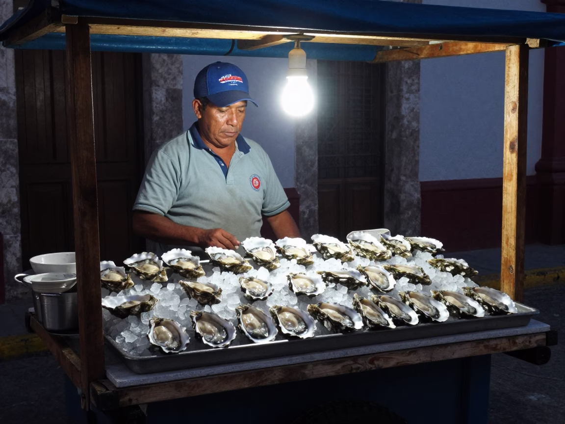 Fresh Oysters in Oaxaca at Midnight Light in in Oaxaca, Mexico