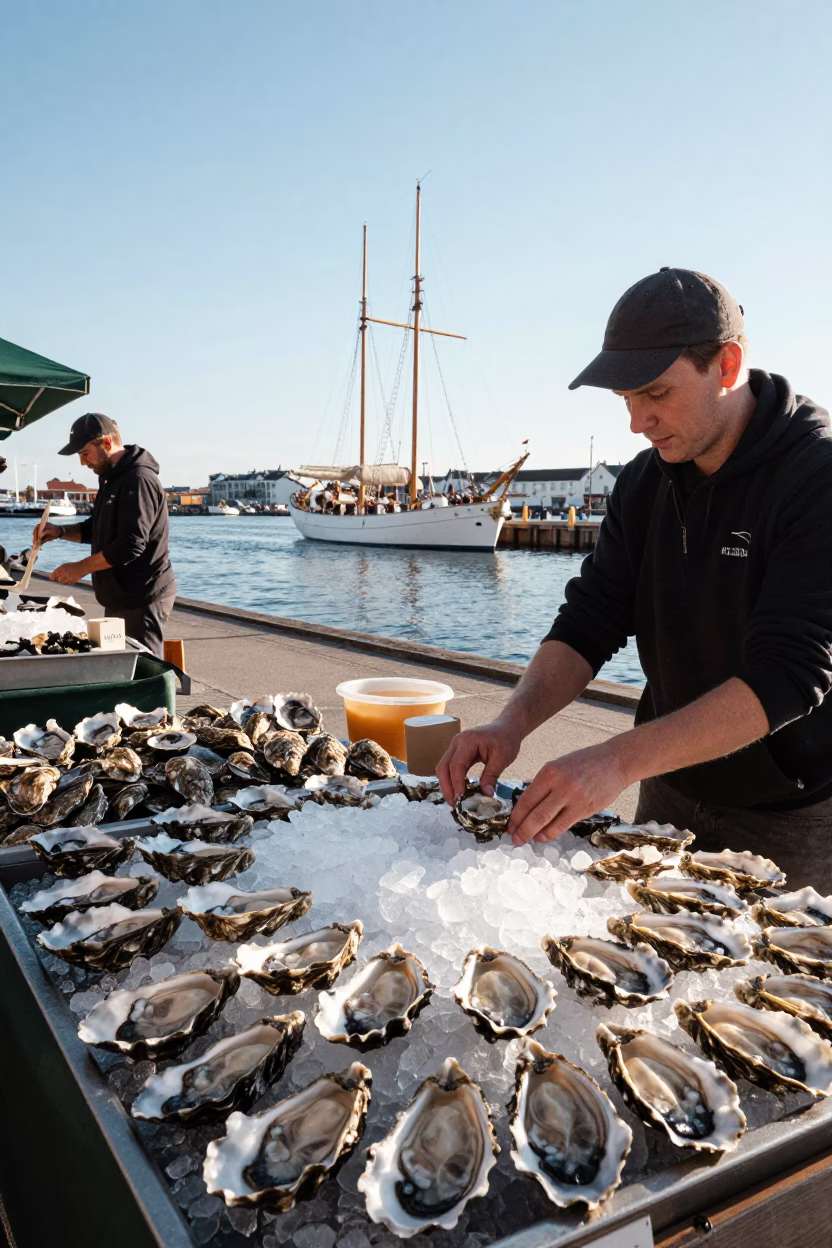 Fresh Oysters on Crushed Ice at Copenhagen Harbor Market with Nordic Midsummer Maypole Dance in in Copenhagen, Denmark