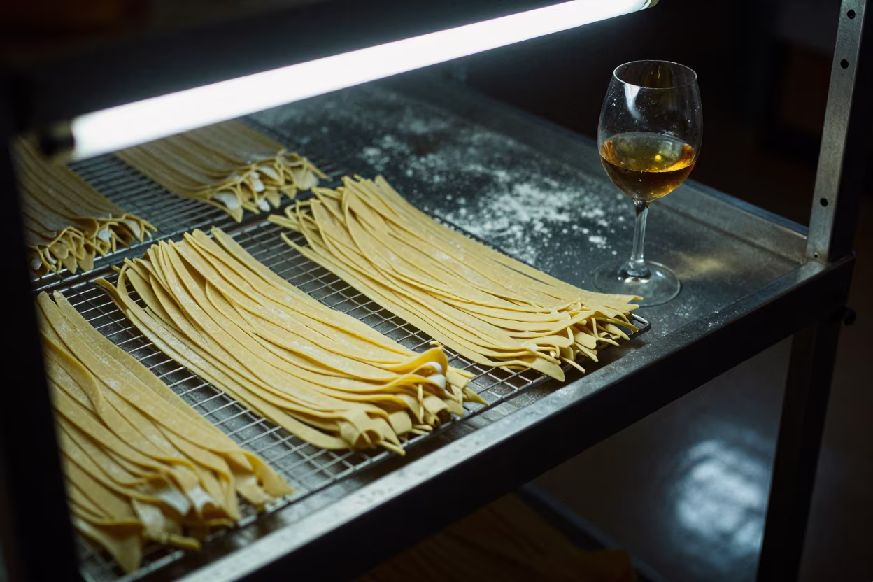 Fresh Pasta and Amber Wine on Bakery Shelf in on a bakery cooling rack in Sumbawanga
