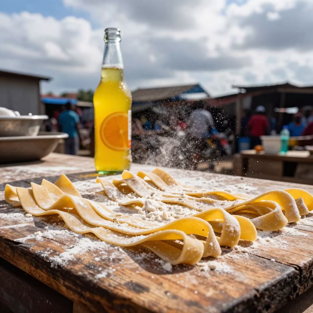 Fresh Pasta and Citrus Soda Market Counter in at a fish market counter near Mombasa
