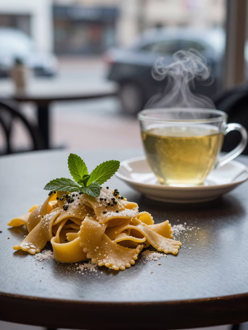 Fresh Pasta and Mint Tea on Winter Café Table in on a small cafe table by a window in Denver