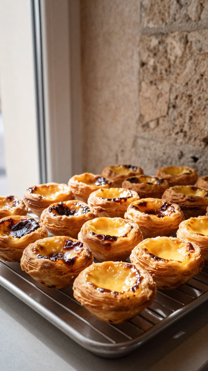 Fresh Pastel de Nata on Bakery Rack in on a bakery cooling rack in Ibiza