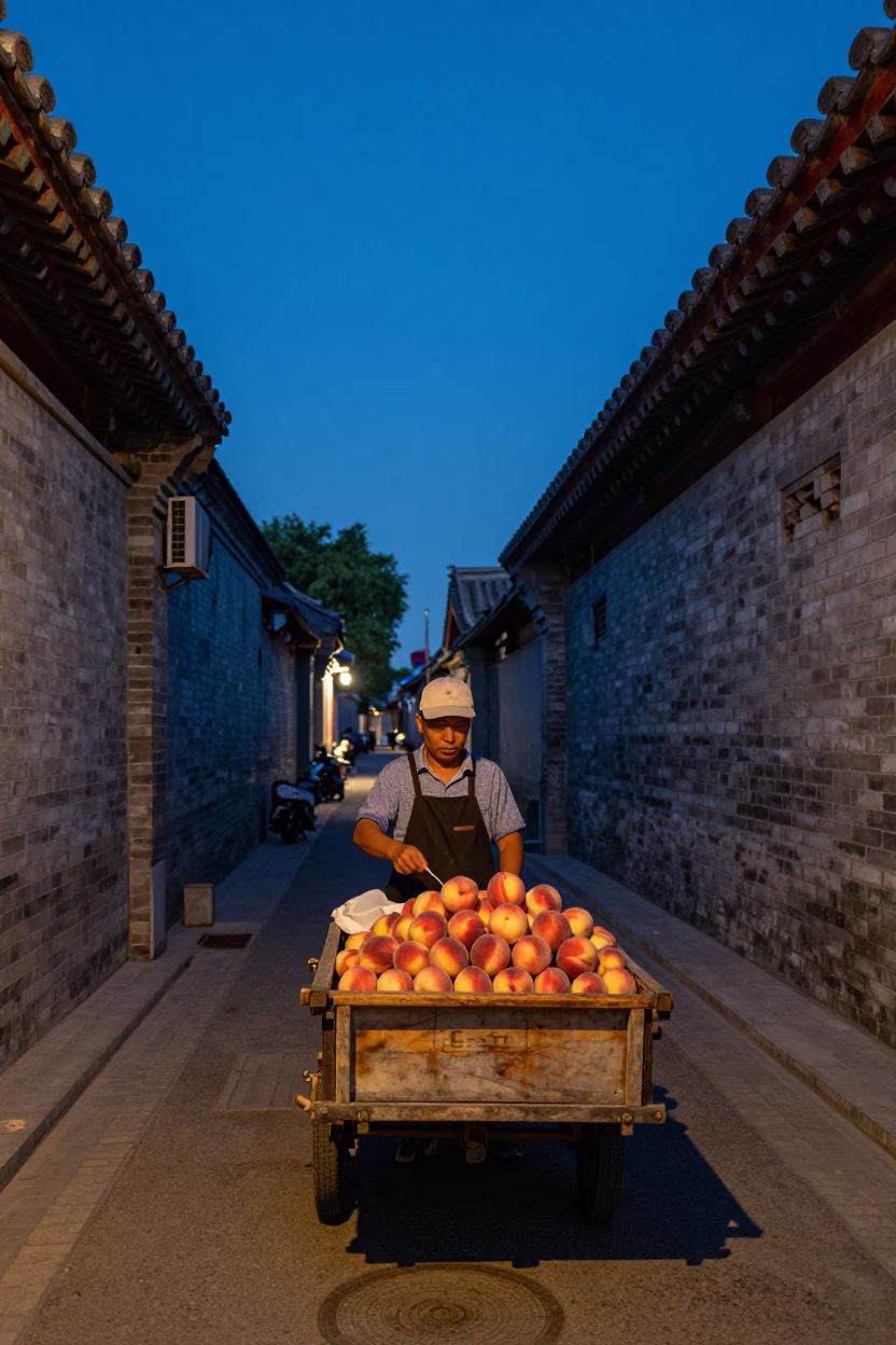 Fresh Peaches in Beijing at The Still Hours Before Dawn Light in in Beijing, China