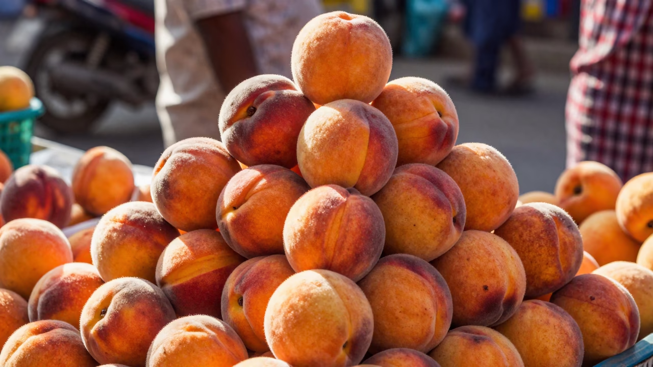 Fresh Peaches in Delhi at Clear Late-afternoon Light in in Delhi, India