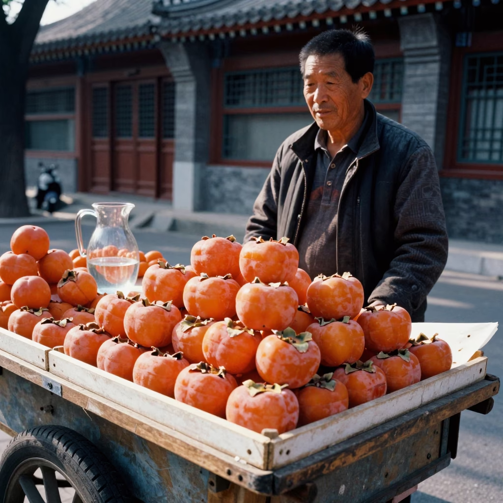 Fresh Persimmons in Beijing at Midday Light in in Beijing, China